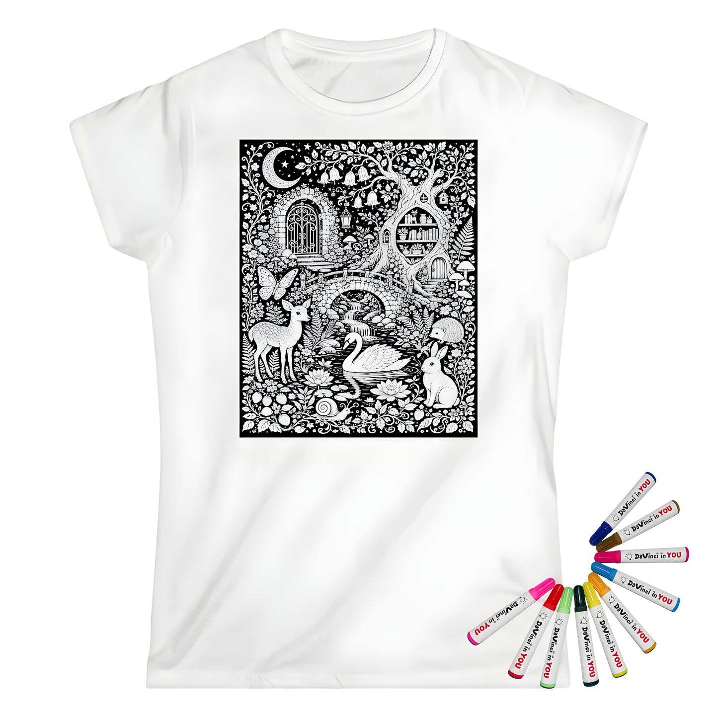 Moonlit Woodland Pond Womens T-Shirt coloring kit mockup with white base, cotton, and graphic print