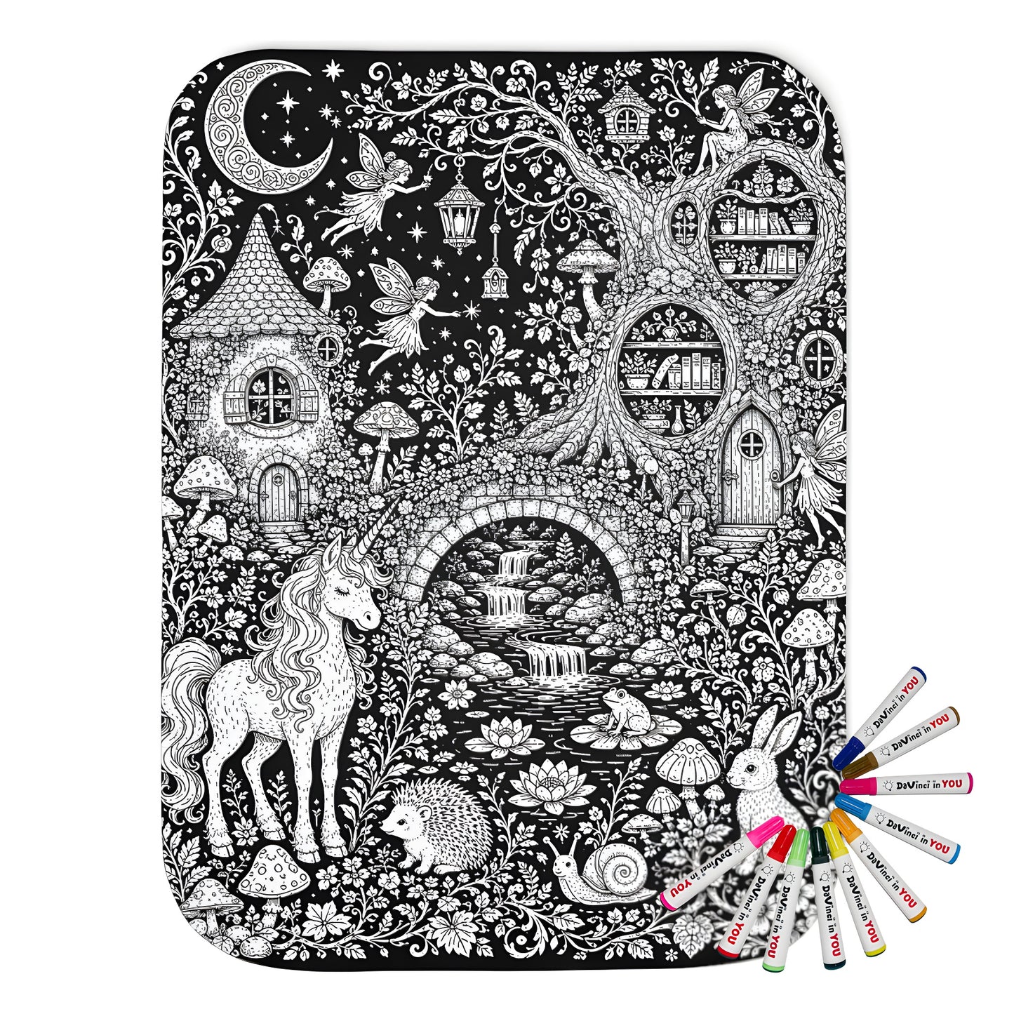 Mushroom Woodland Unicorn Sherpa Blanket coloring kit mockup with polyester and graphic print