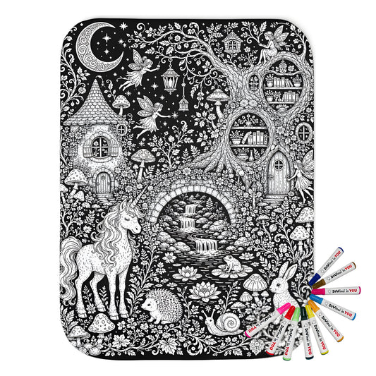 Mushroom Woodland Unicorn Sherpa Blanket coloring kit mockup with polyester and graphic print