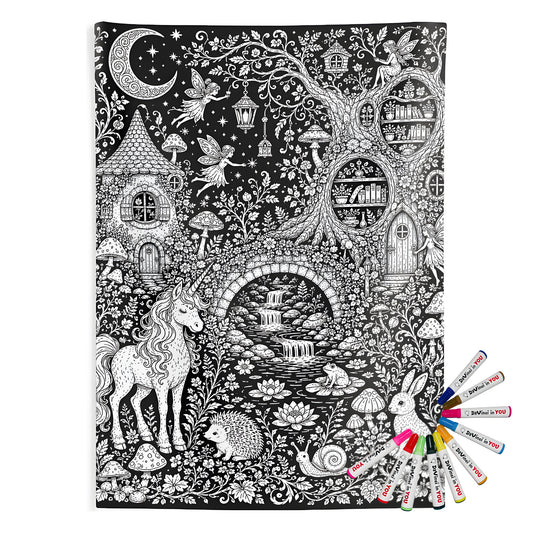 Mushroom Woodland Unicorn Indoor Wall Tapestry coloring kit mockup with polyester and graphic print