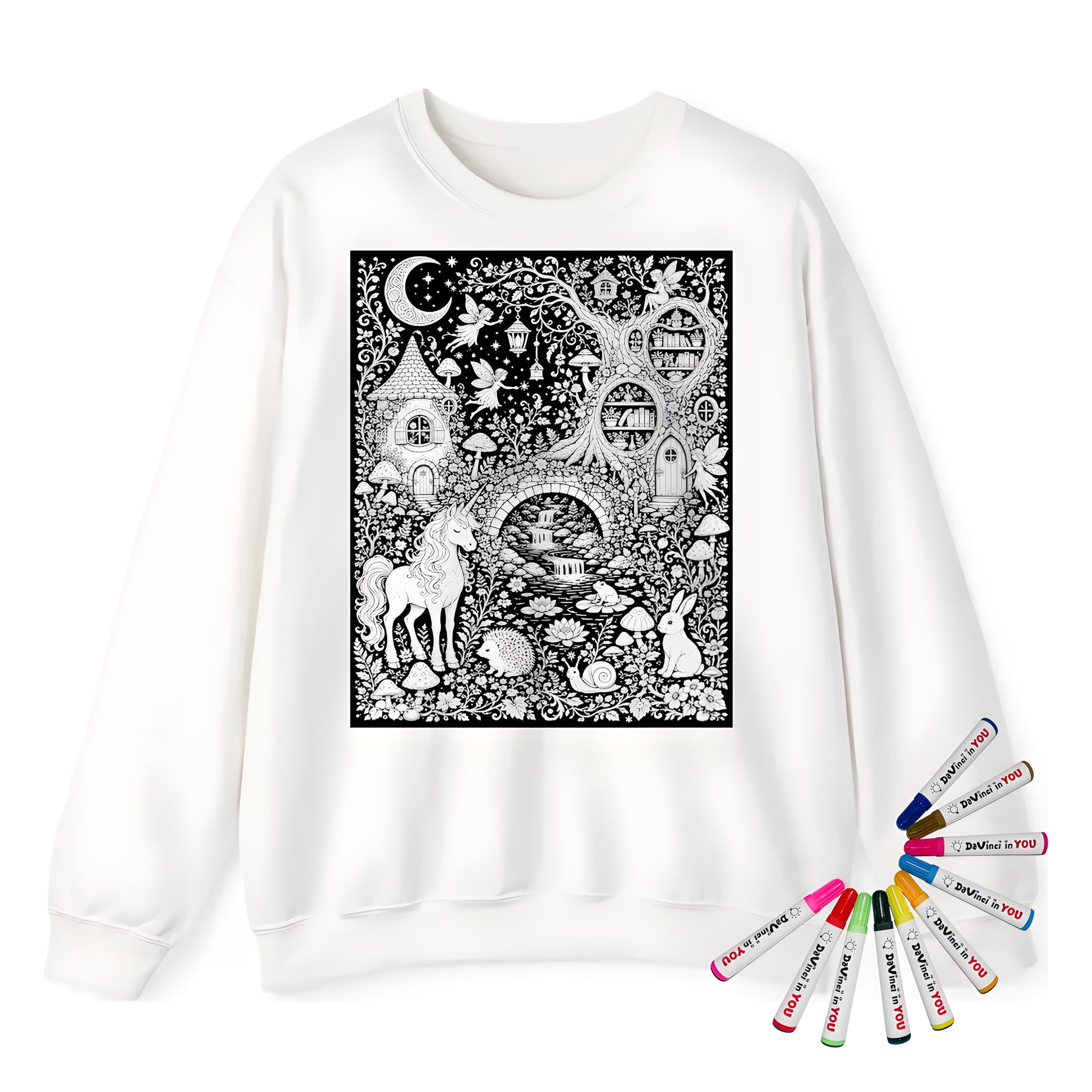 Mushroom Woodland Unicorn Adult Crewneck Sweatshirt coloring kit mockup with white base, cotton/polyester blend, and graphic print