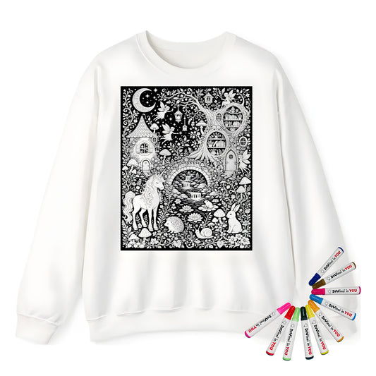 Mushroom Woodland Unicorn Adult Crewneck Sweatshirt coloring kit mockup with white base, cotton/polyester blend, and graphic print