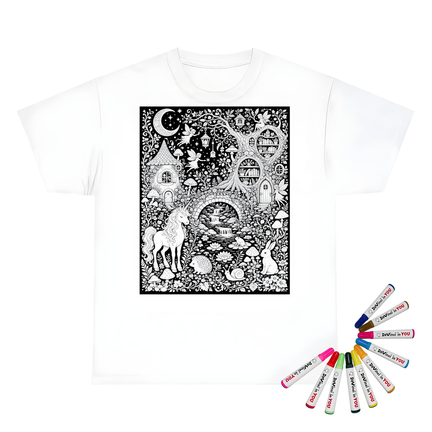 Mushroom Woodland Unicorn Kids T-Shirt coloring kit mockup with white base, cotton, and graphic print