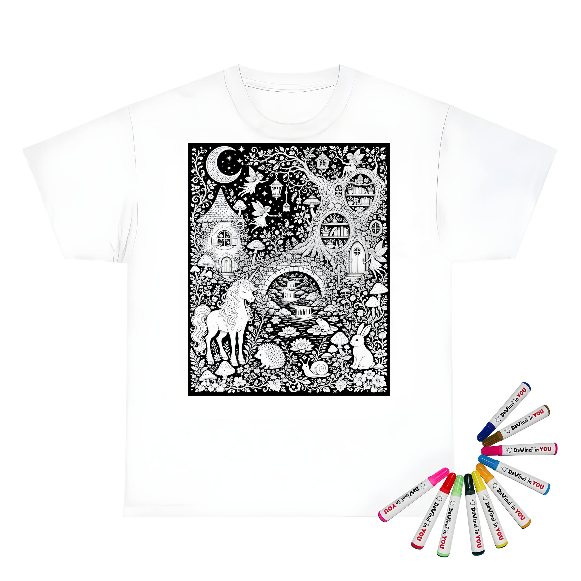 Mushroom Woodland Unicorn Kids T-Shirt coloring kit mockup with white base, cotton, and graphic print