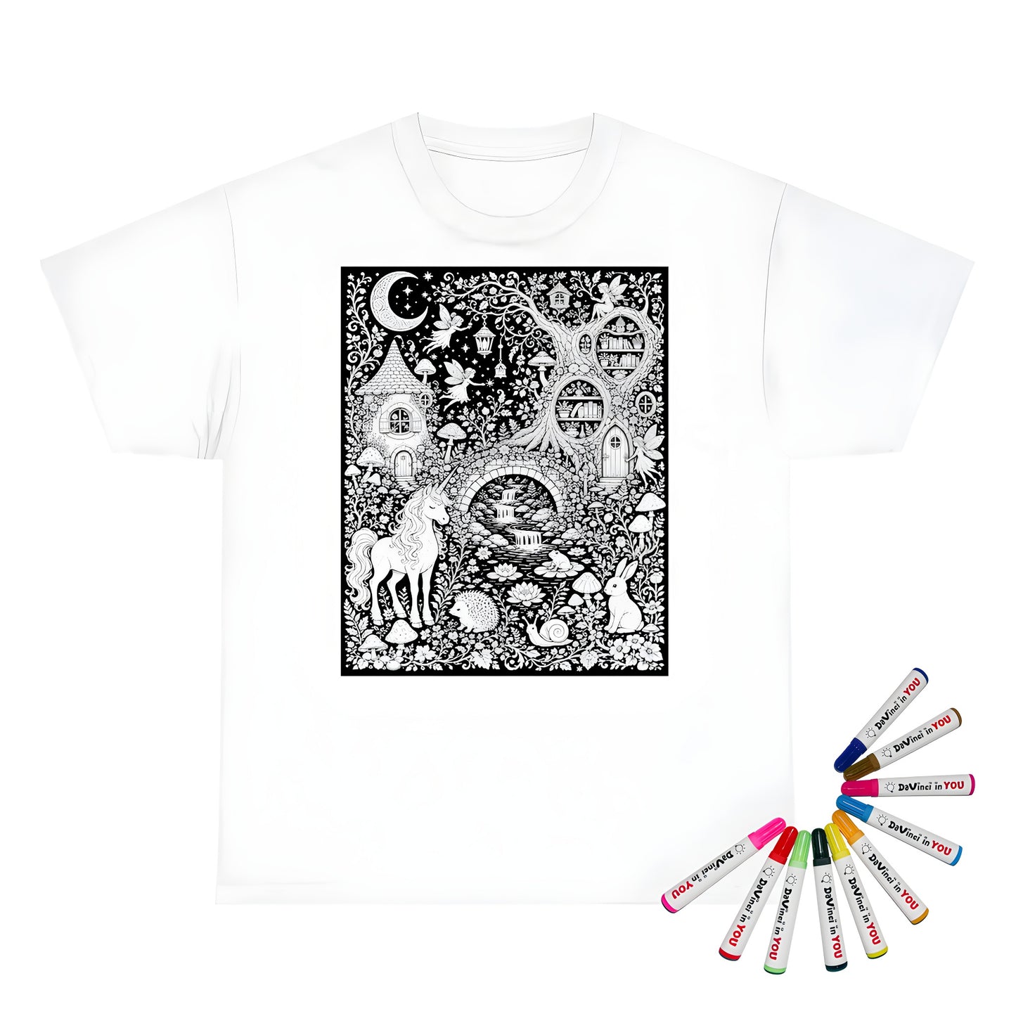 Mushroom Woodland Unicorn Unisex T-Shirt coloring kit mockup with white base, cotton, and graphic print
