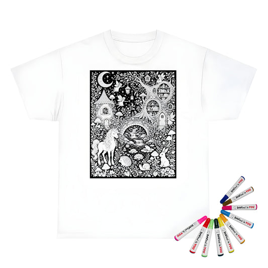 Mushroom Woodland Unicorn Unisex T-Shirt coloring kit mockup with white base, cotton, and graphic print