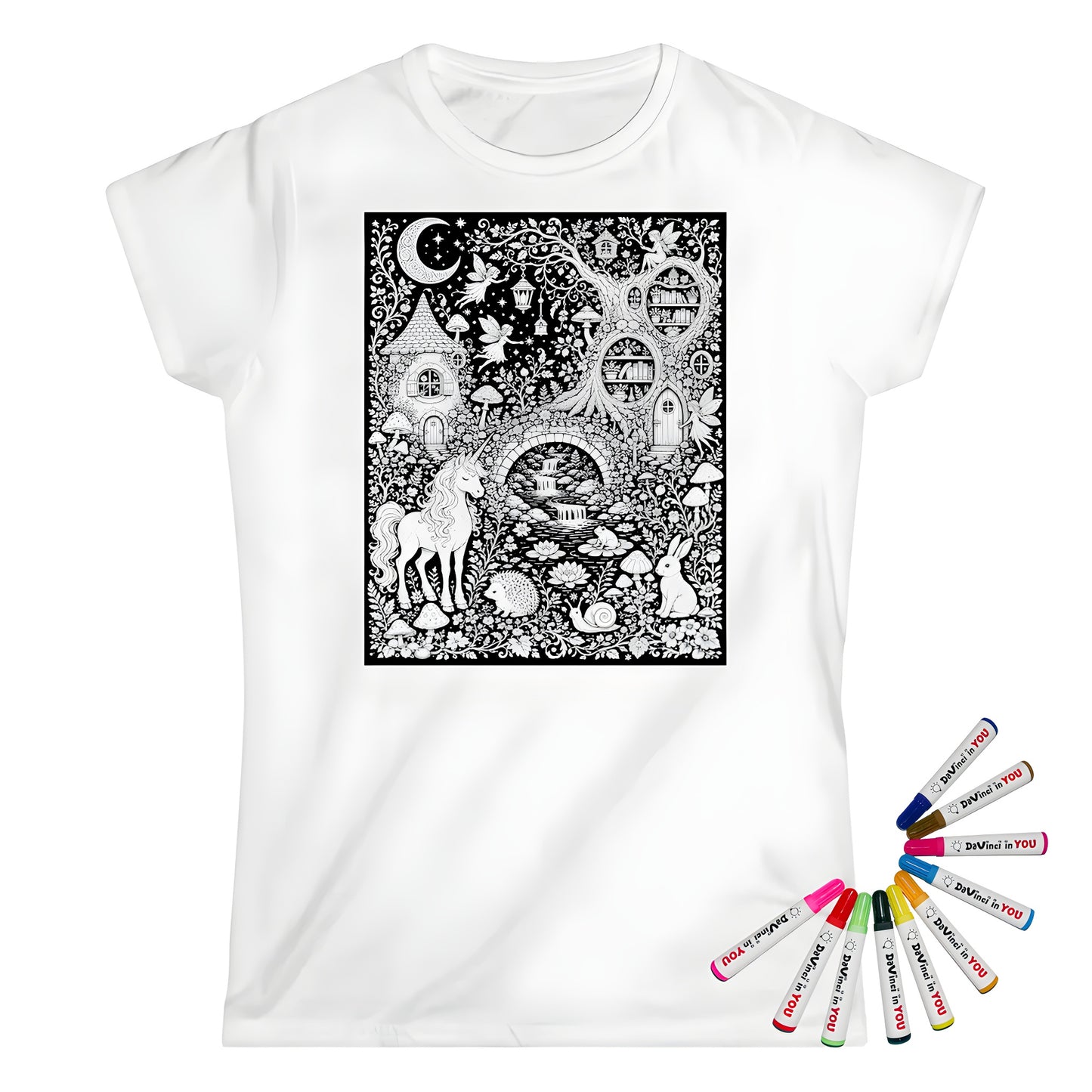 Mushroom Woodland Unicorn Womens T-Shirt coloring kit mockup with white base, cotton, and graphic print