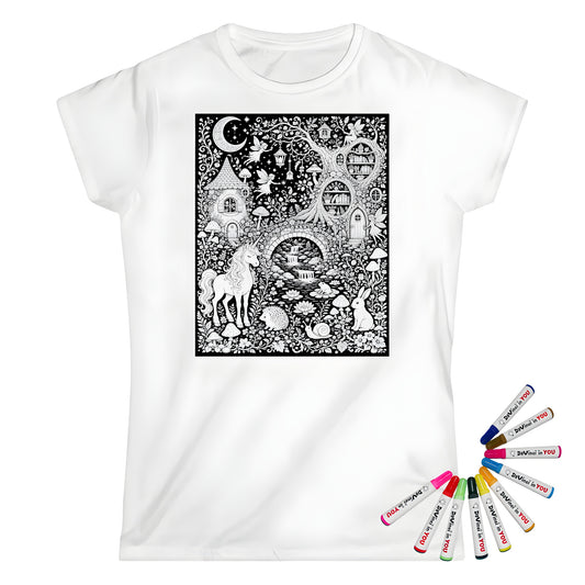 Mushroom Woodland Unicorn Womens T-Shirt coloring kit mockup with white base, cotton, and graphic print