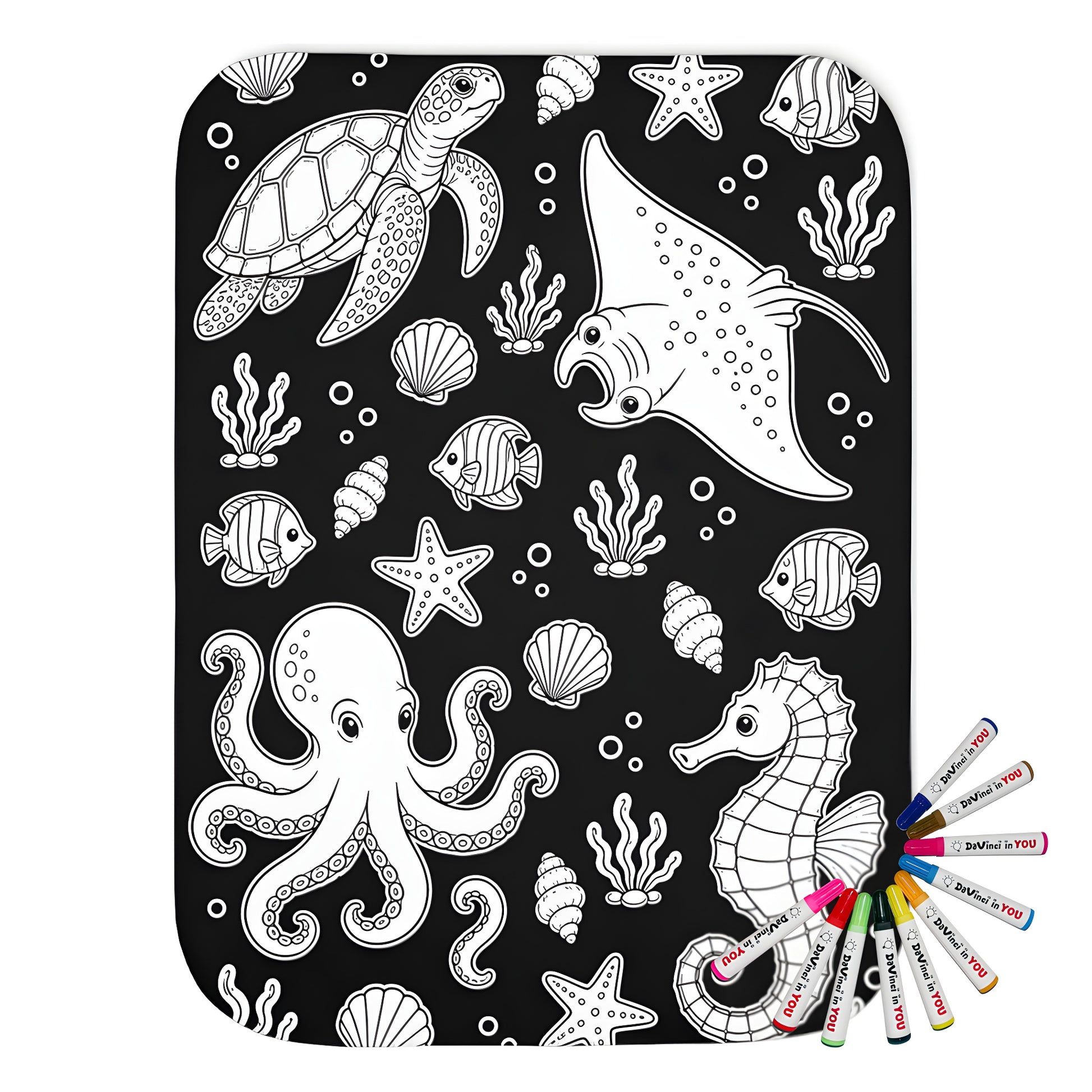 Ocean Friends Sherpa Blanket coloring kit mockup with polyester and graphic print