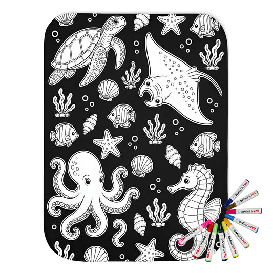 Ocean Friends Sherpa Blanket coloring kit mockup with polyester and graphic print