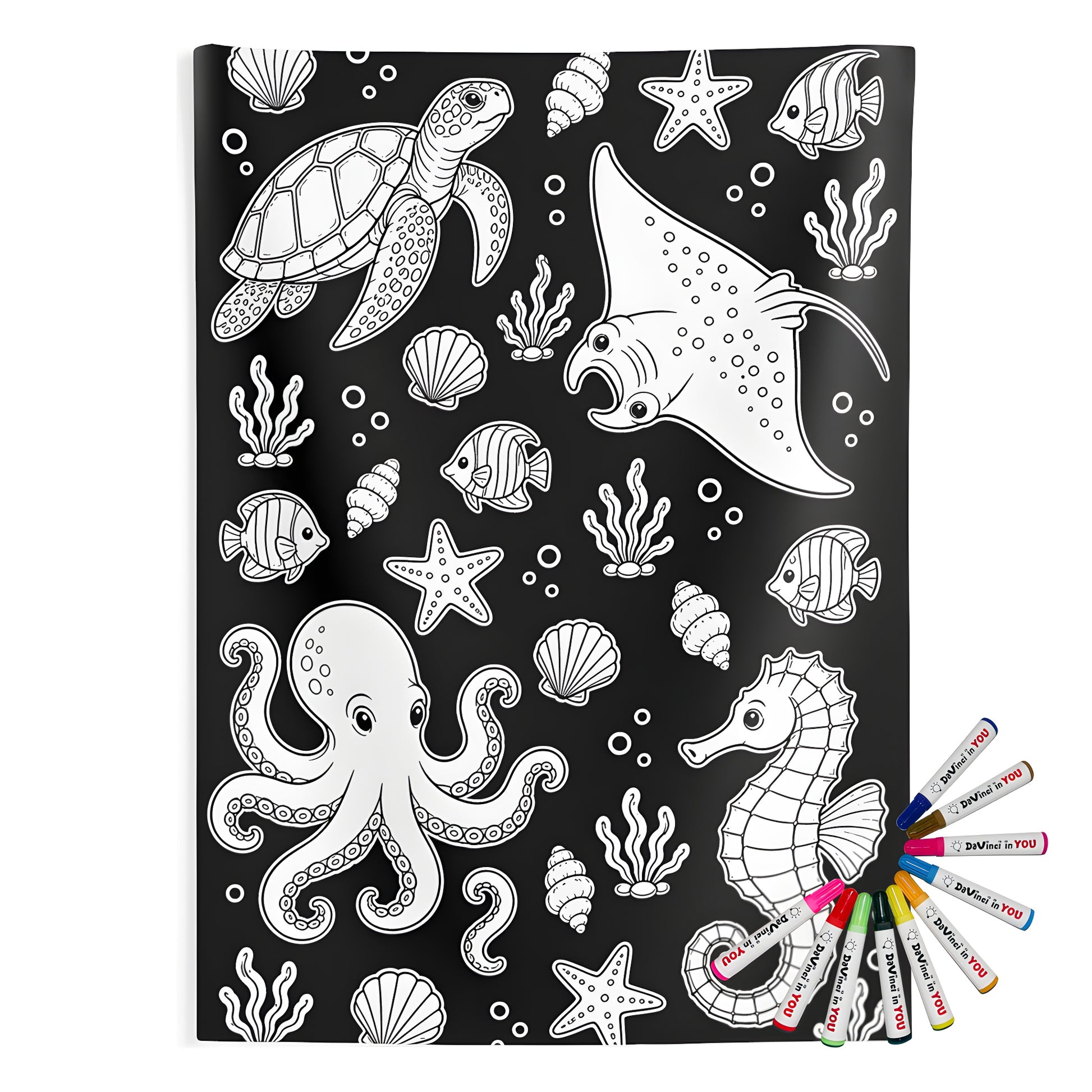 Ocean Friends Indoor Wall Tapestry coloring kit mockup with polyester and graphic print