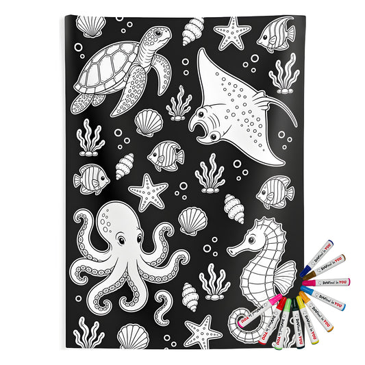 Ocean Friends Indoor Wall Tapestry coloring kit mockup with polyester and graphic print
