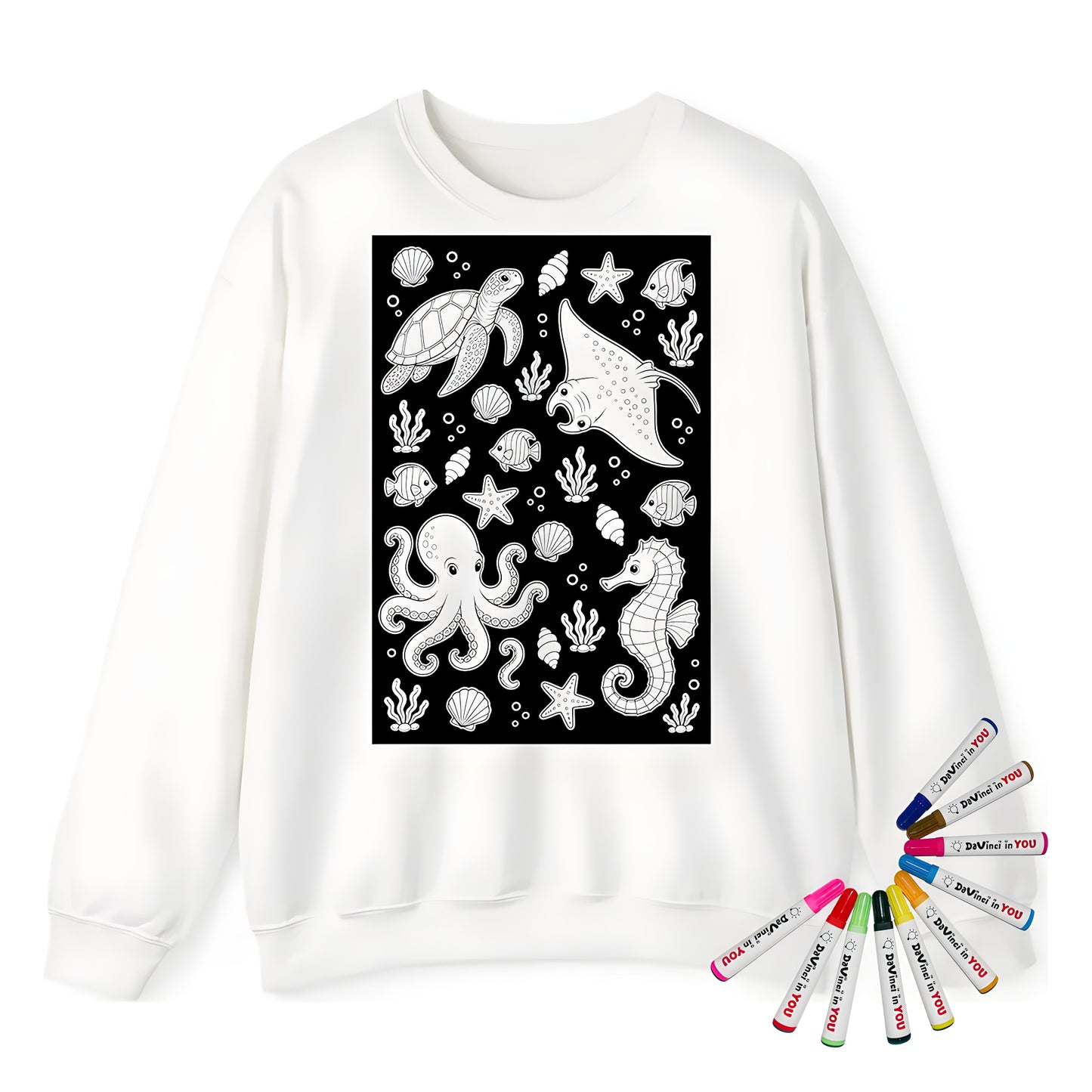 Ocean Friends Adult Crewneck Sweatshirt coloring kit mockup with white base, cotton/polyester blend, and graphic print