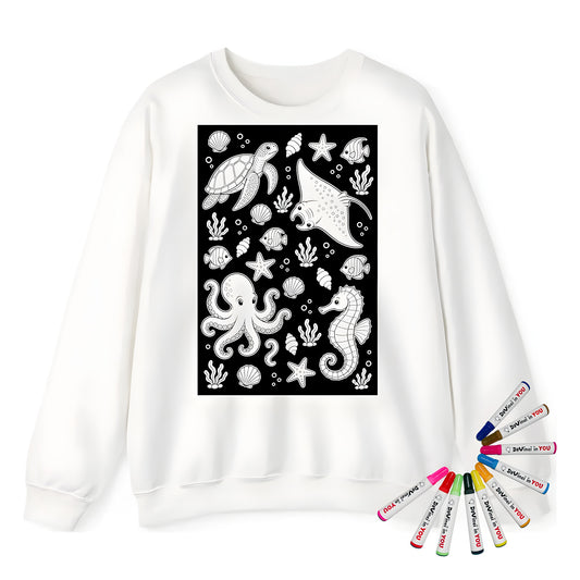 Ocean Friends Adult Crewneck Sweatshirt coloring kit mockup with white base, cotton/polyester blend, and graphic print