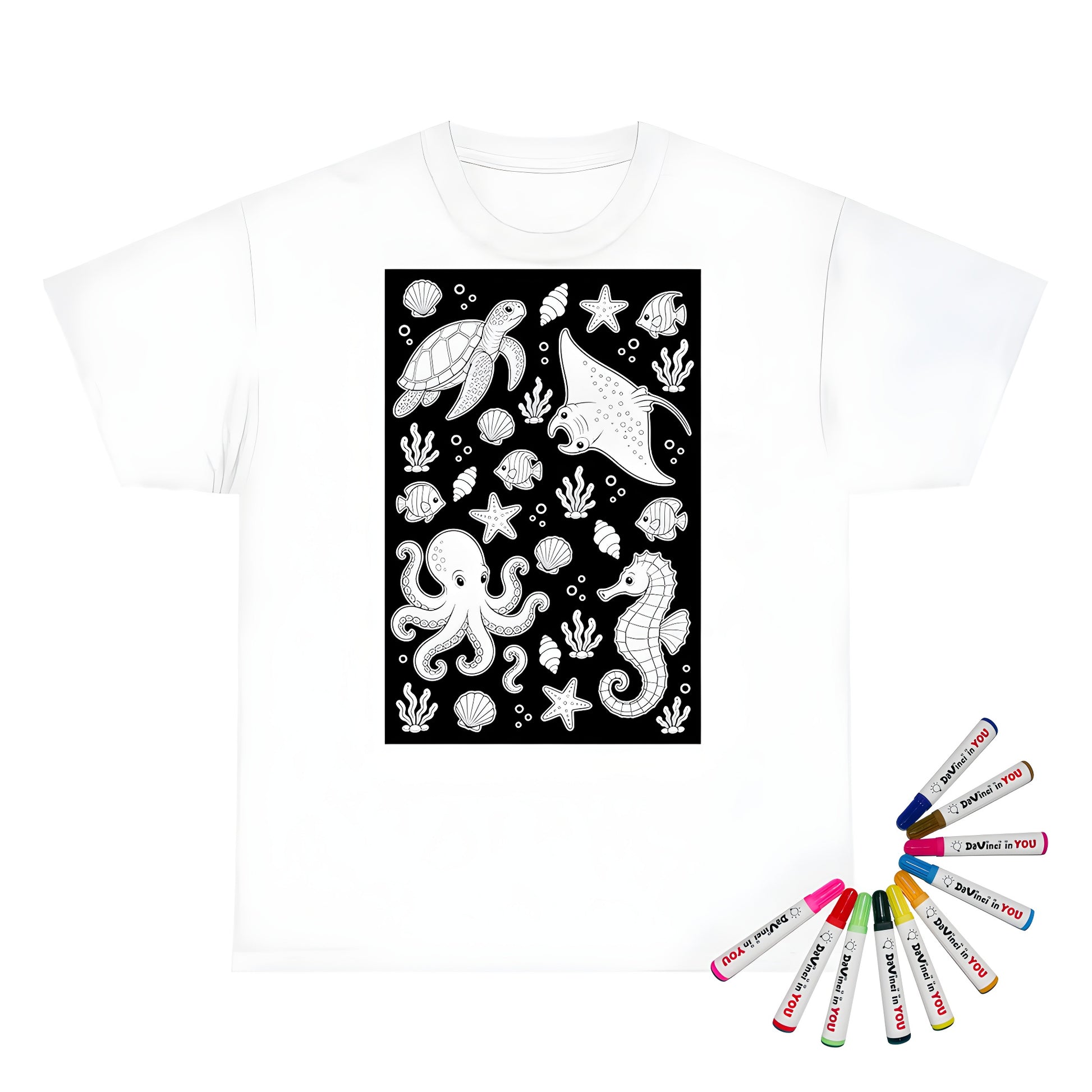 Ocean Friends Kids T-Shirt coloring kit mockup with white base, cotton, and graphic print