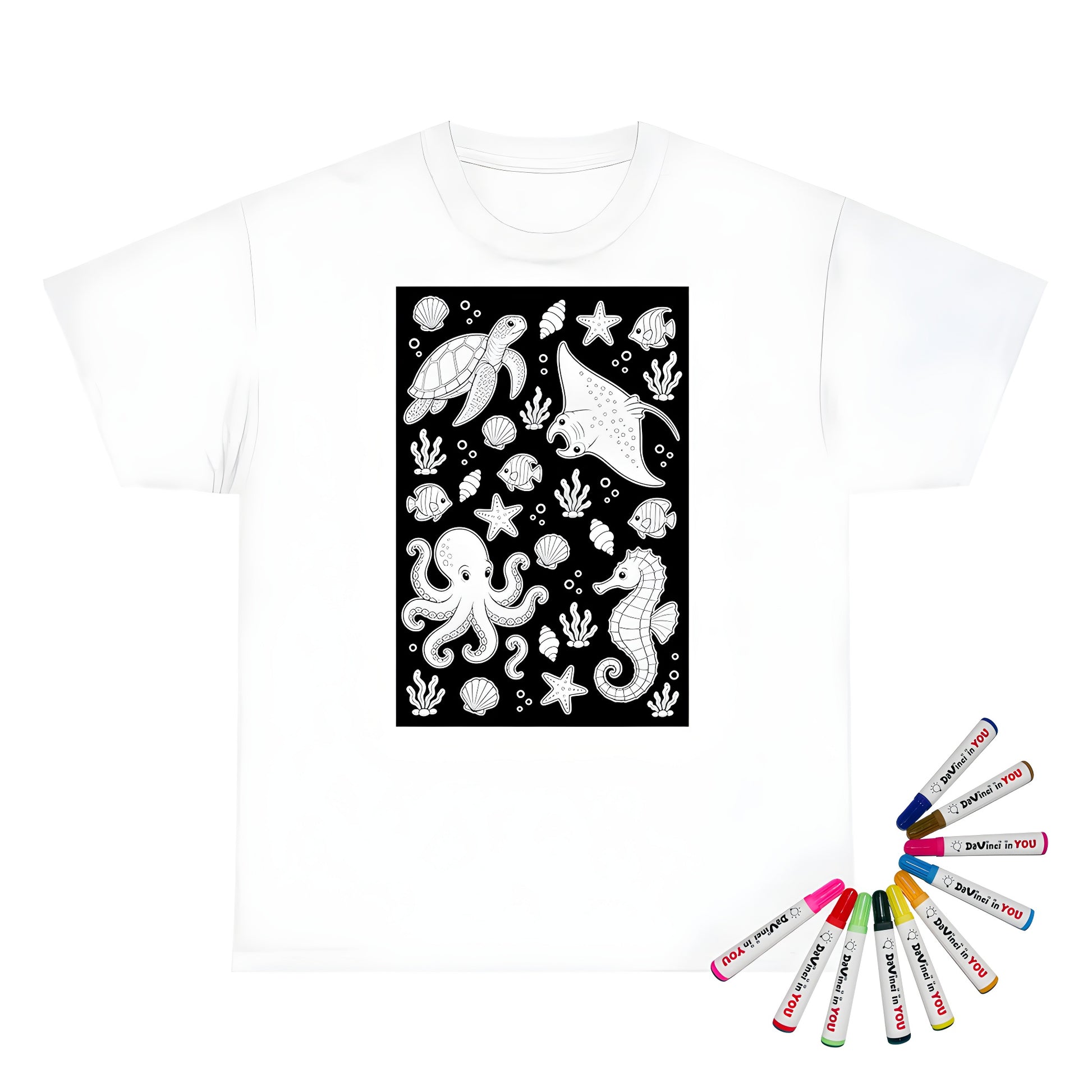 Ocean Friends Unisex T-Shirt coloring kit mockup with white base, cotton, and graphic print