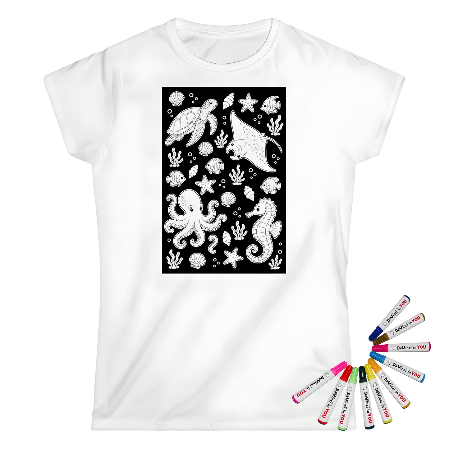 Ocean Friends Womens T-Shirt coloring kit mockup with white base, cotton, and graphic print