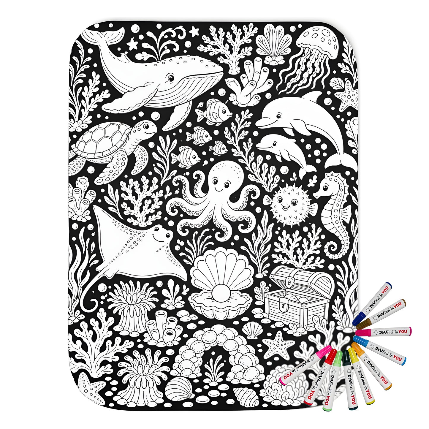 Ocean Reef Friends Sherpa Blanket coloring kit mockup with polyester and graphic print