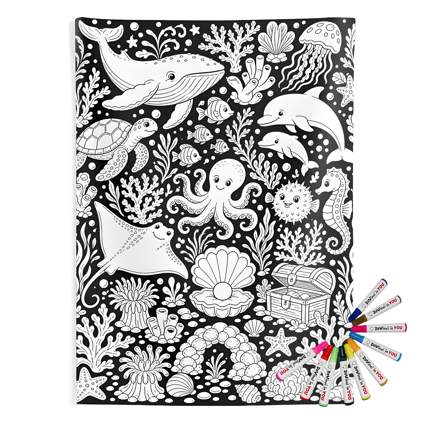 Ocean Reef Friends Indoor Wall Tapestry coloring kit mockup with polyester and graphic print