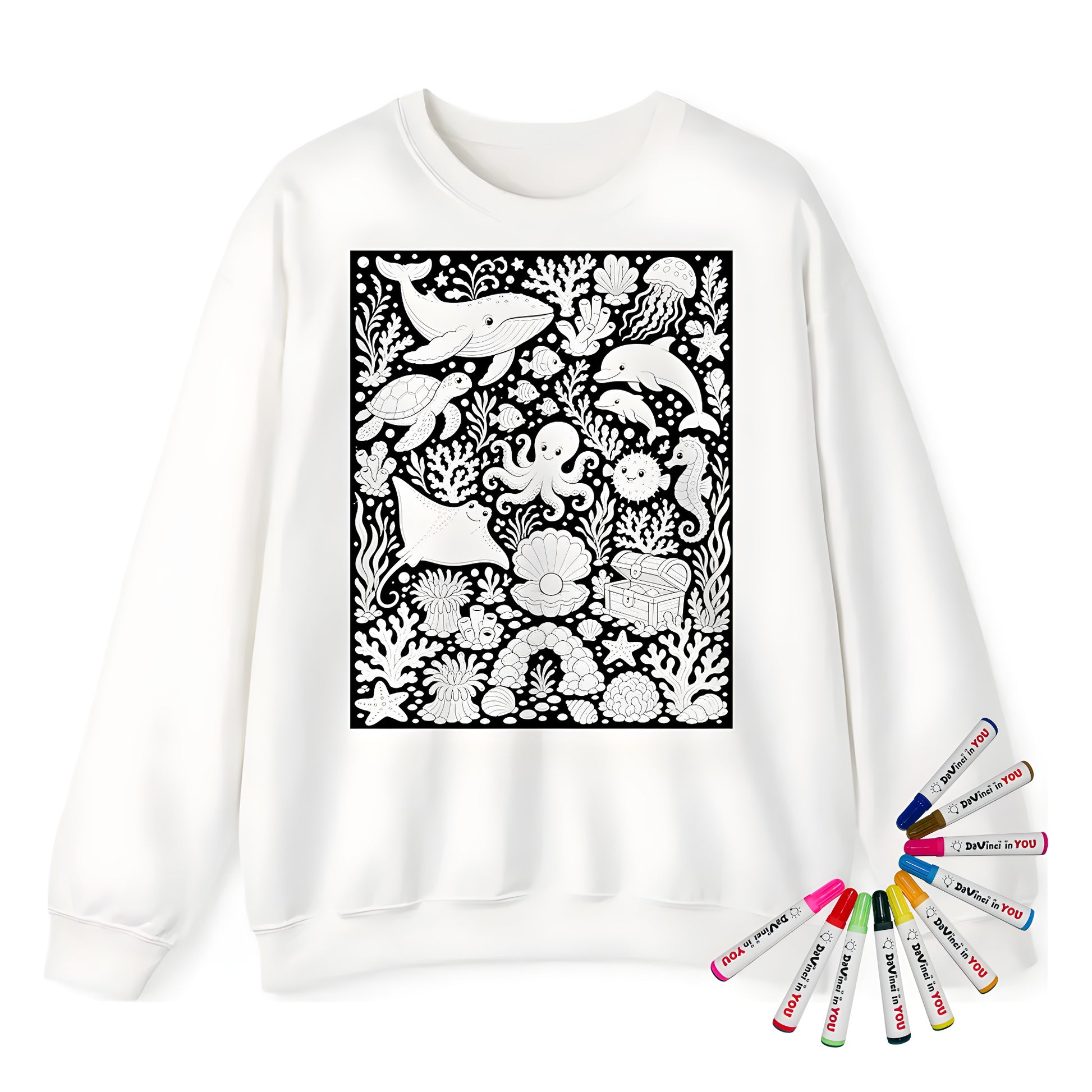 Ocean Reef Friends Adult Crewneck Sweatshirt coloring kit mockup with white base, cotton/polyester blend, and graphic print