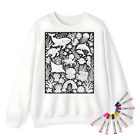 Ocean Reef Friends Adult Crewneck Sweatshirt coloring kit mockup with white base, cotton/polyester blend, and graphic print