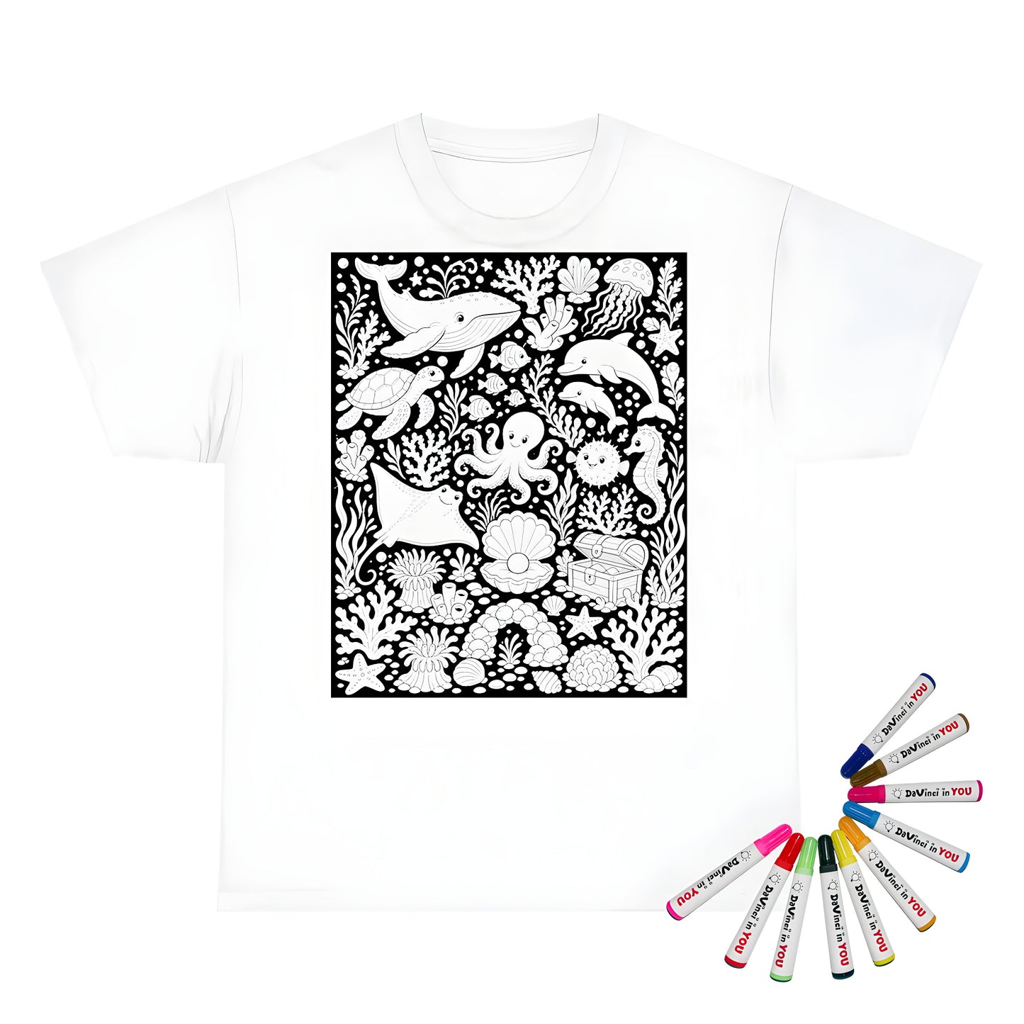 Ocean Reef Friends Kids T-Shirt coloring kit mockup with white base, cotton, and graphic print