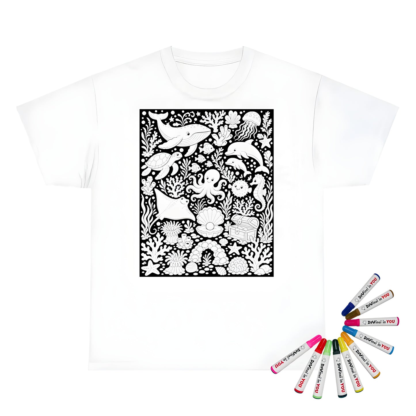 Ocean Reef Friends Unisex T-Shirt coloring kit mockup with white base, cotton, and graphic print