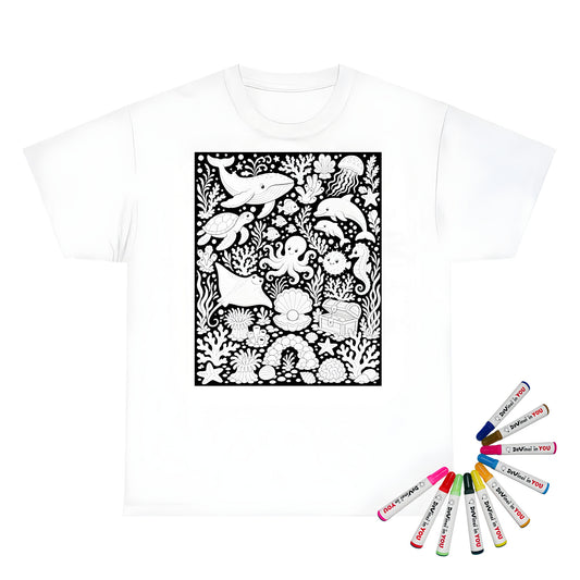 Ocean Reef Friends Unisex T-Shirt coloring kit mockup with white base, cotton, and graphic print