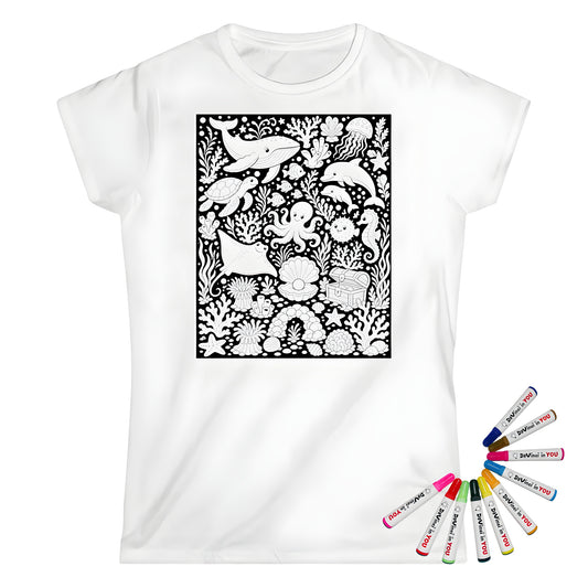 Ocean Reef Friends Womens T-Shirt coloring kit mockup with white base, cotton, and graphic print