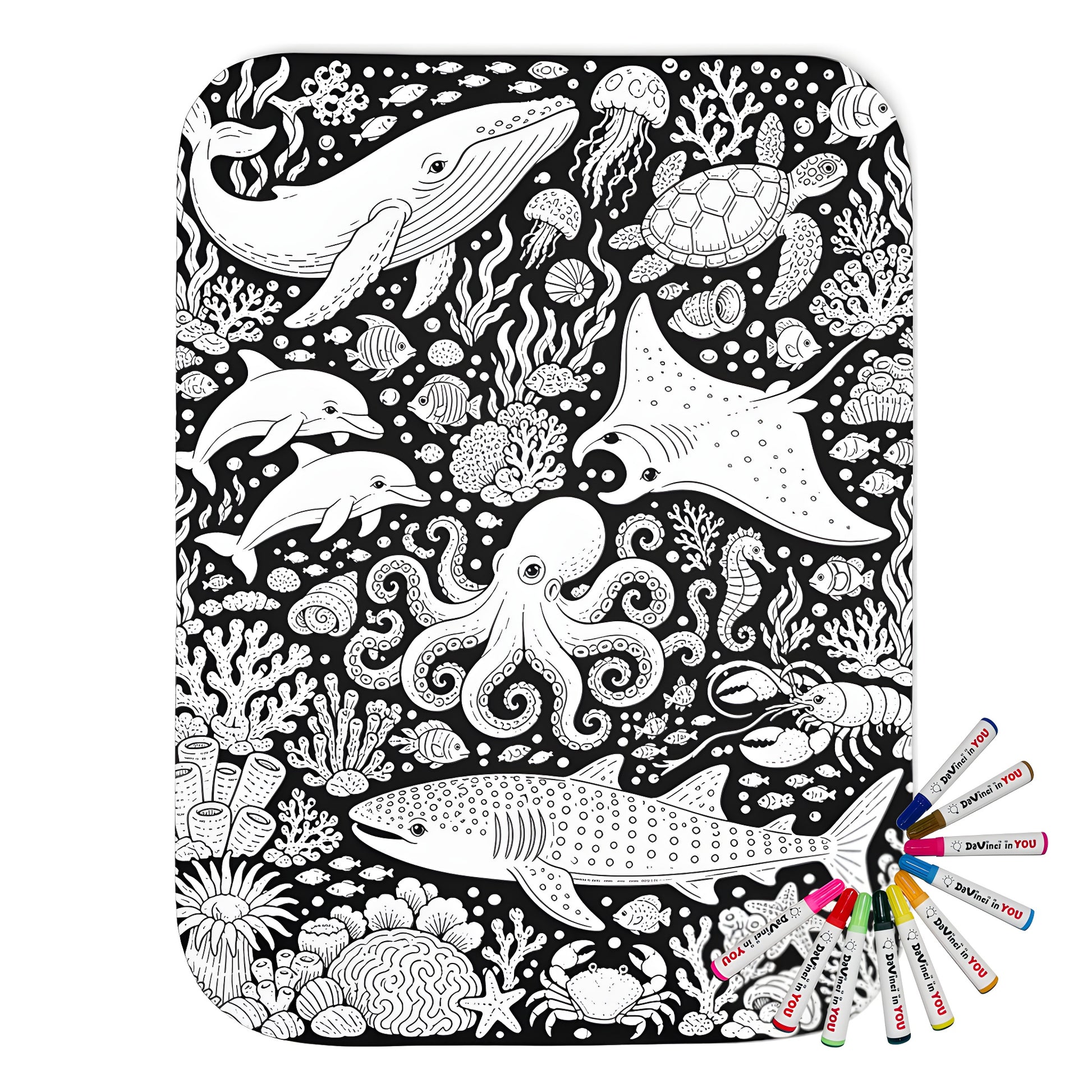 Ocean Wildlife Coral Reef Sherpa Blanket coloring kit mockup with polyester and graphic print