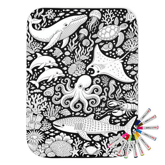 Ocean Wildlife Coral Reef Sherpa Blanket coloring kit mockup with polyester and graphic print