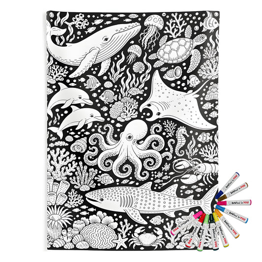 Ocean Wildlife Coral Reef Indoor Wall Tapestry coloring kit mockup with polyester and graphic print