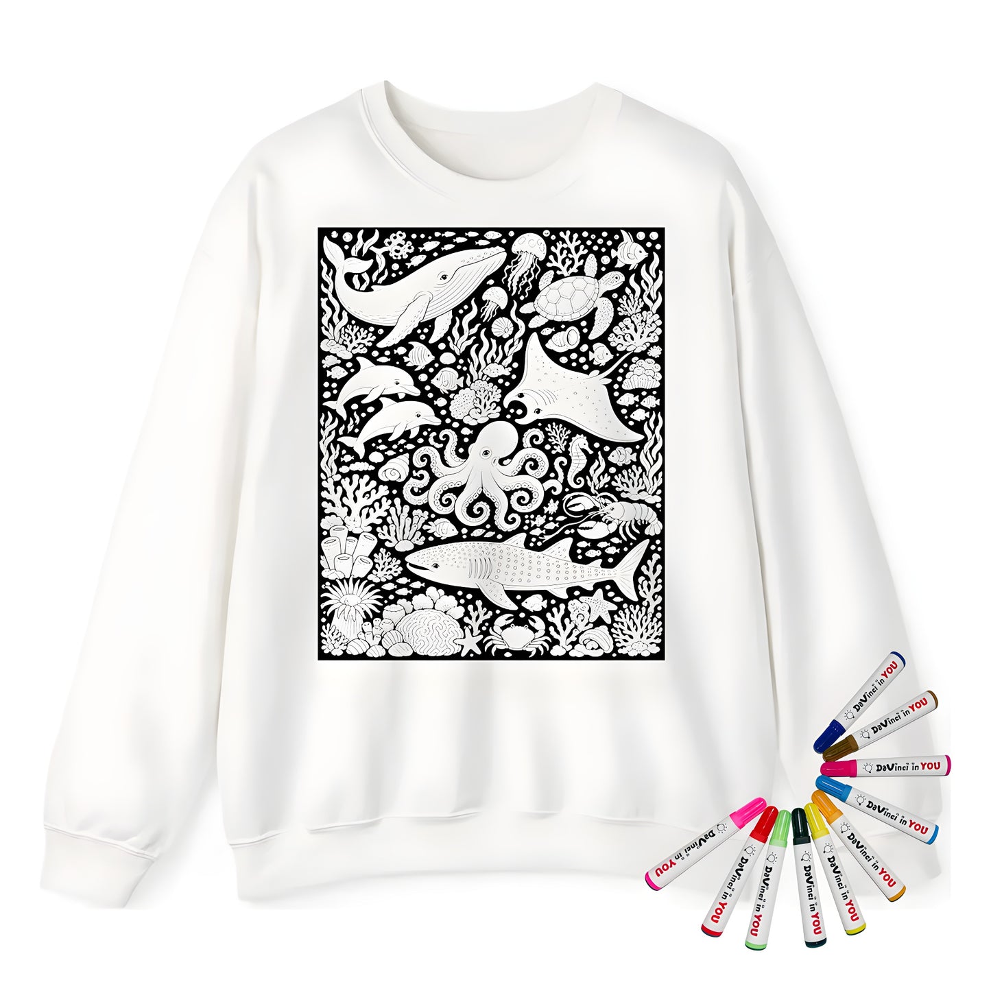 Ocean Wildlife Coral Reef Adult Crewneck Sweatshirt coloring kit mockup with white base, cotton/polyester blend, and graphic print