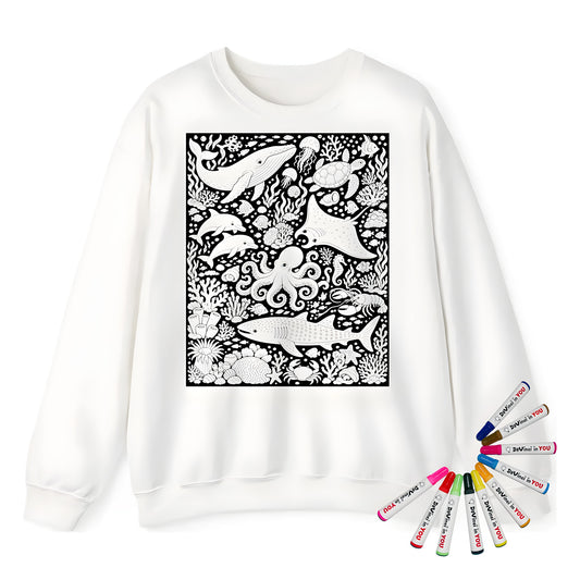 Ocean Wildlife Coral Reef Adult Crewneck Sweatshirt coloring kit mockup with white base, cotton/polyester blend, and graphic print