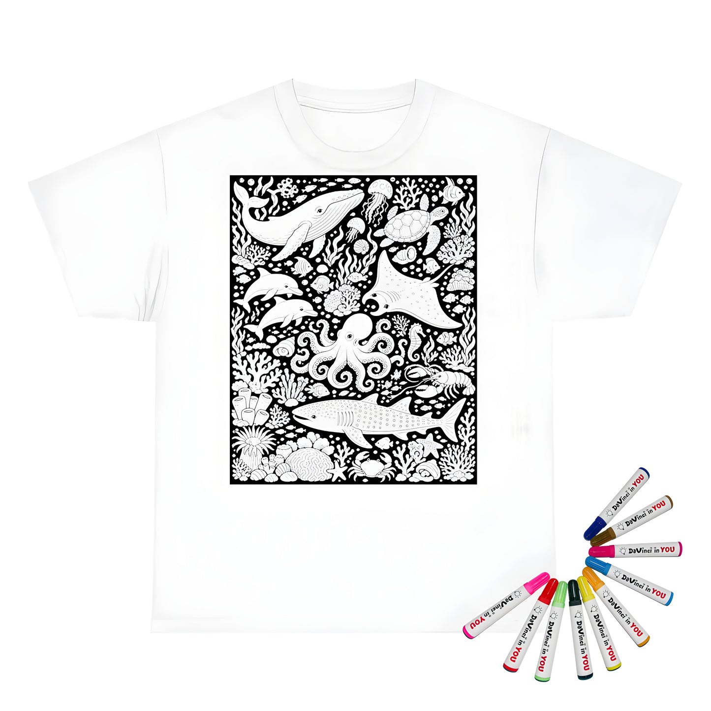 Ocean Wildlife Coral Reef Kids T-Shirt coloring kit mockup with white base, cotton, and graphic print