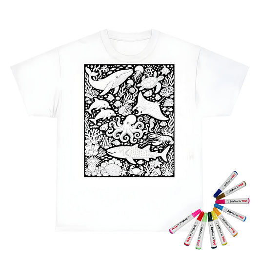 Ocean Wildlife Coral Reef Kids T-Shirt coloring kit mockup with white base, cotton, and graphic print