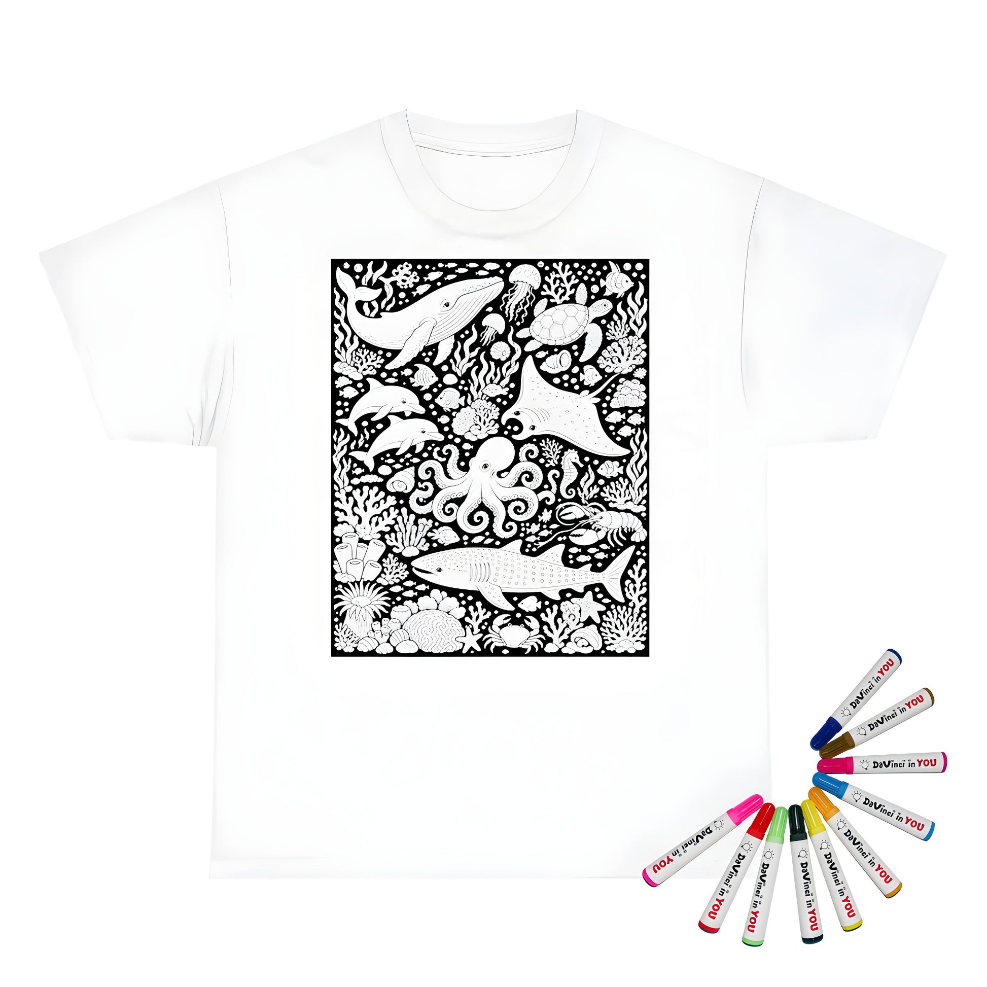 Ocean Wildlife Coral Reef Unisex T-Shirt coloring kit mockup with white base, cotton, and graphic print