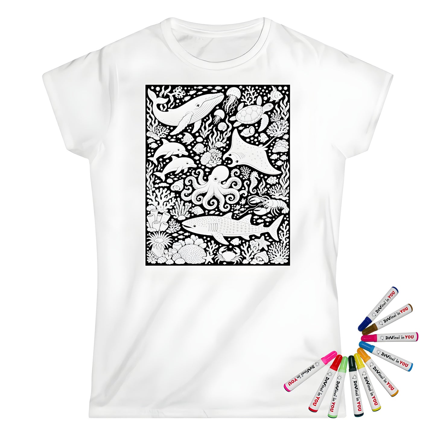 Ocean Wildlife Coral Reef Womens T-Shirt coloring kit mockup with white base, cotton, and graphic print