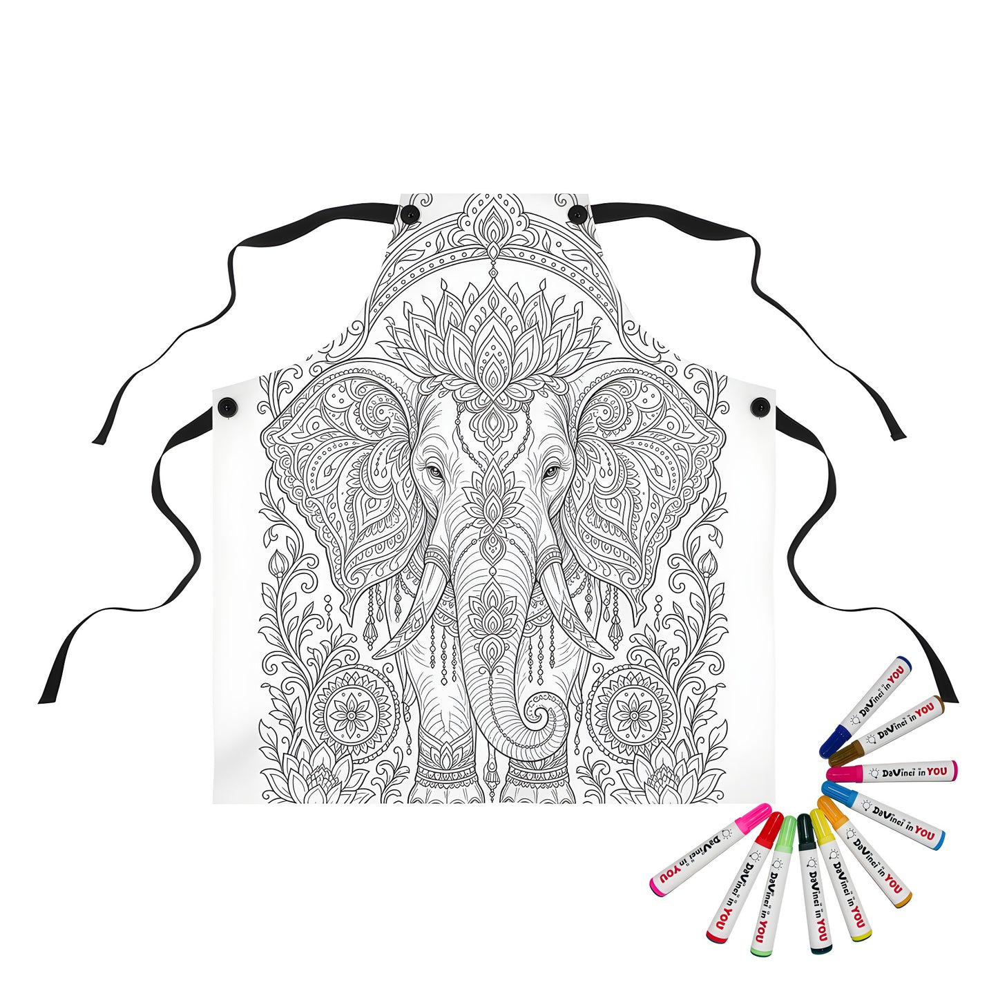 Ornate Elephant Lotus Garden Apron coloring kit mockup with polyester and graphic print