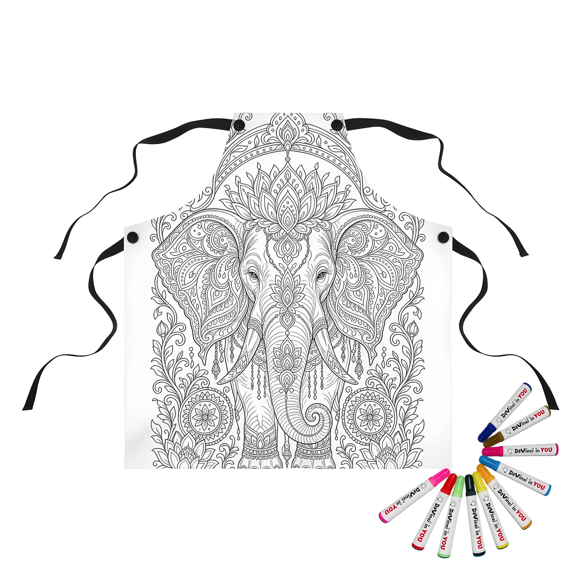 Ornate Elephant Lotus Garden Apron coloring kit mockup with polyester and graphic print