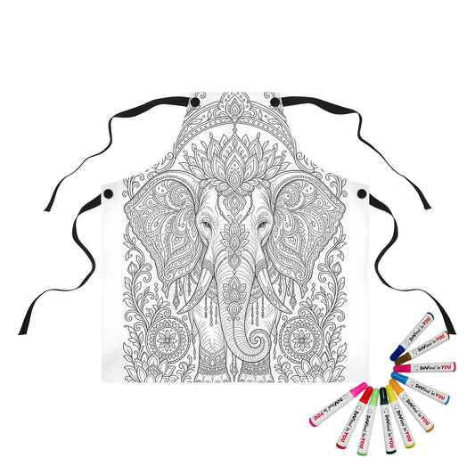 Ornate Elephant Lotus Garden Apron coloring kit mockup with polyester and graphic print