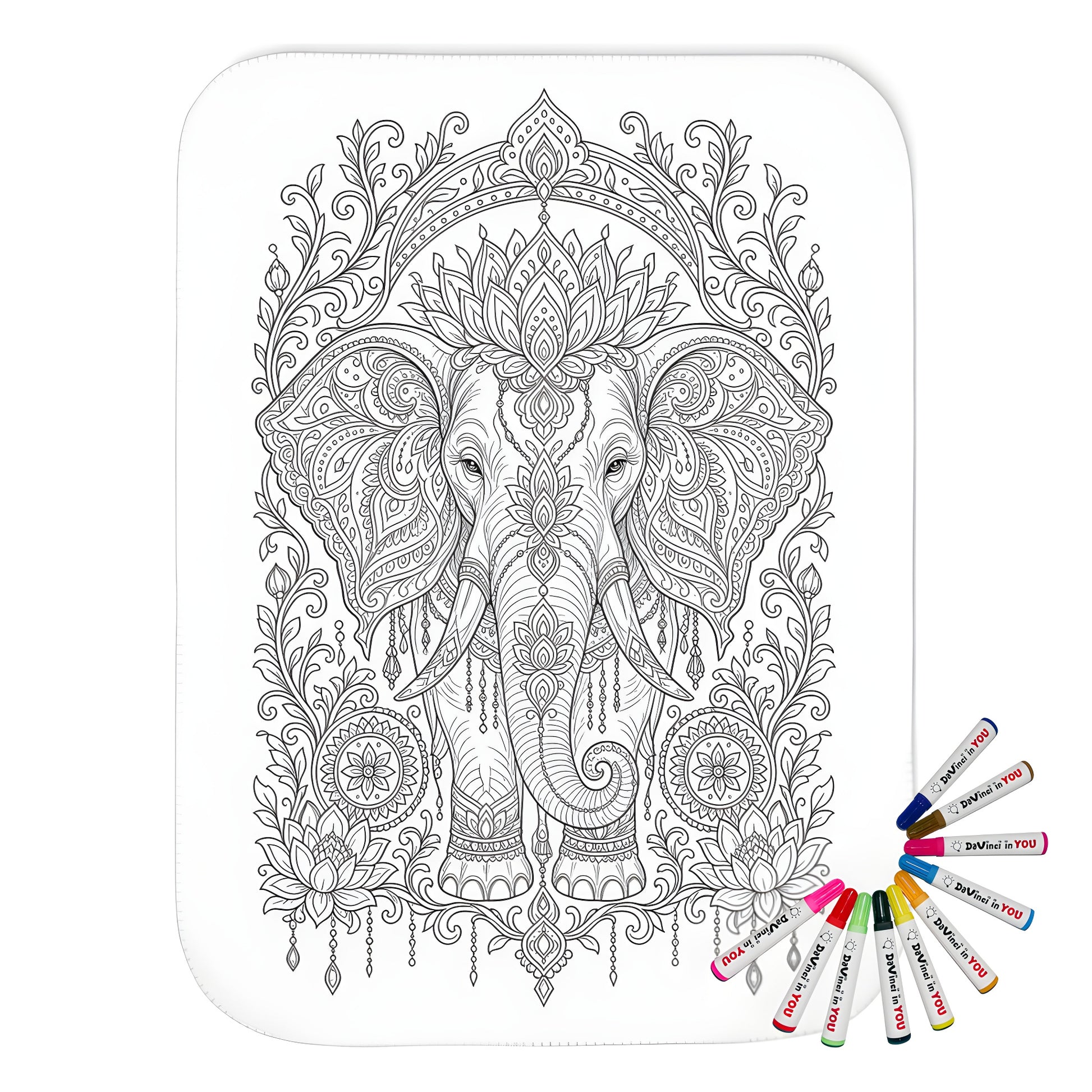 Ornate Elephant Lotus Garden Sherpa Blanket coloring kit mockup with polyester and graphic print
