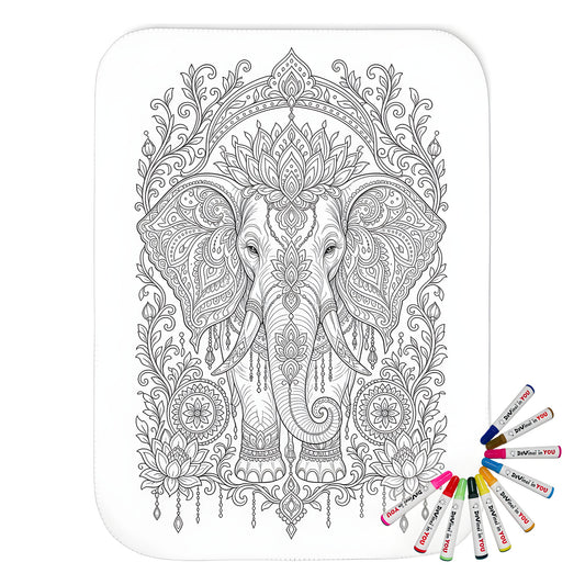 Ornate Elephant Lotus Garden Sherpa Blanket coloring kit mockup with polyester and graphic print