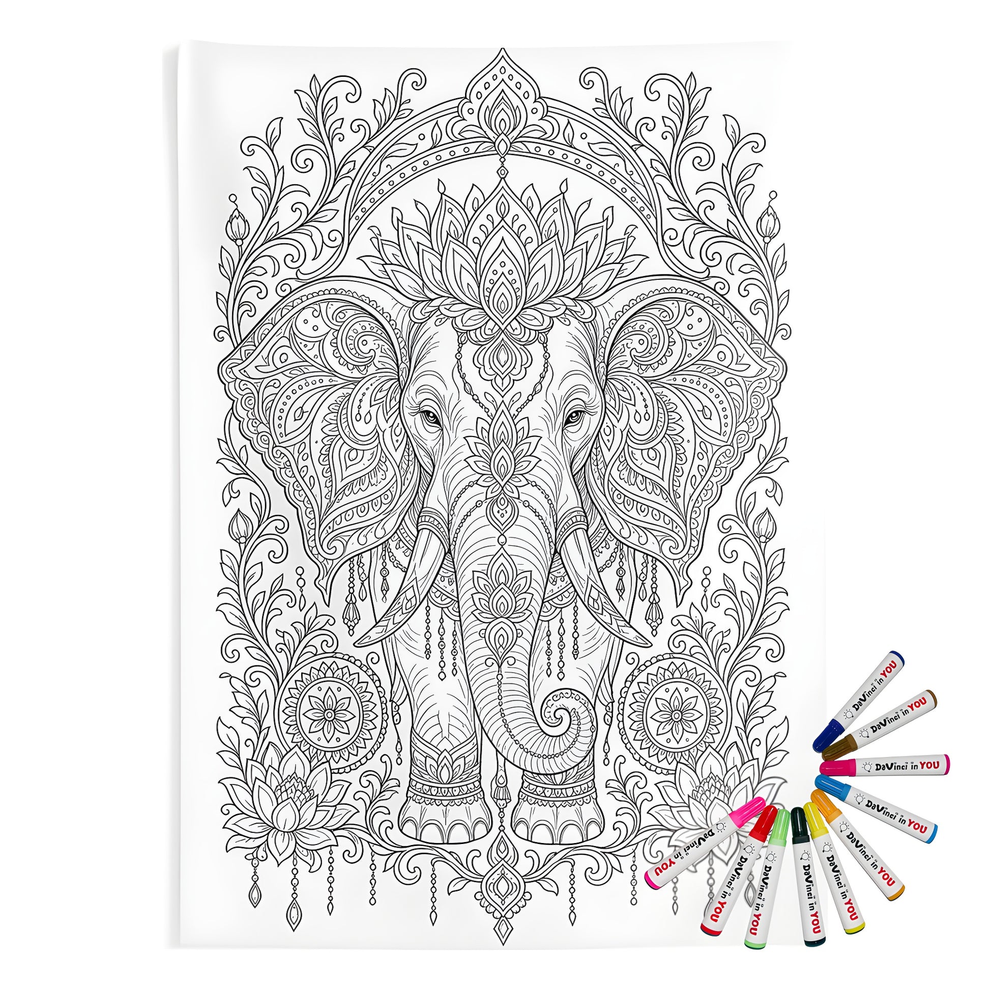 Ornate Elephant Lotus Garden Indoor Wall Tapestry coloring kit mockup with polyester and graphic print