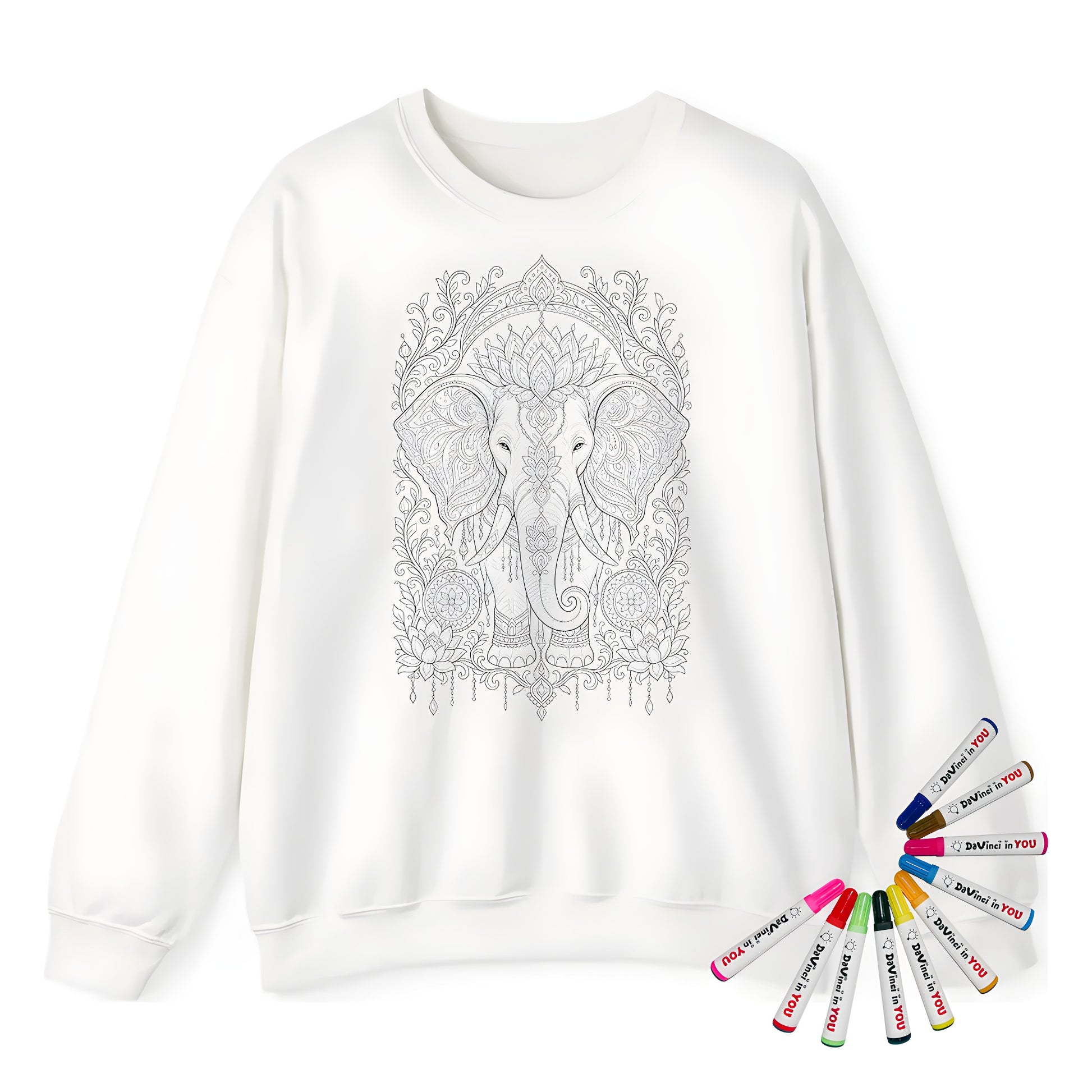 Ornate Elephant Lotus Garden Adult Crewneck Sweatshirt coloring kit mockup with white base, cotton/polyester blend, and graphic print