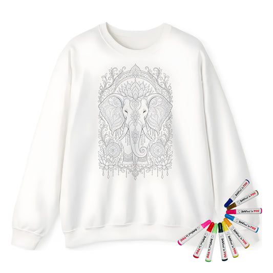 Ornate Elephant Lotus Garden Adult Crewneck Sweatshirt coloring kit mockup with white base, cotton/polyester blend, and graphic print