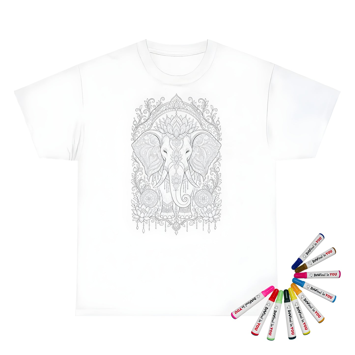Ornate Elephant Lotus Garden Kids T-Shirt coloring kit mockup with white base, cotton, and graphic print