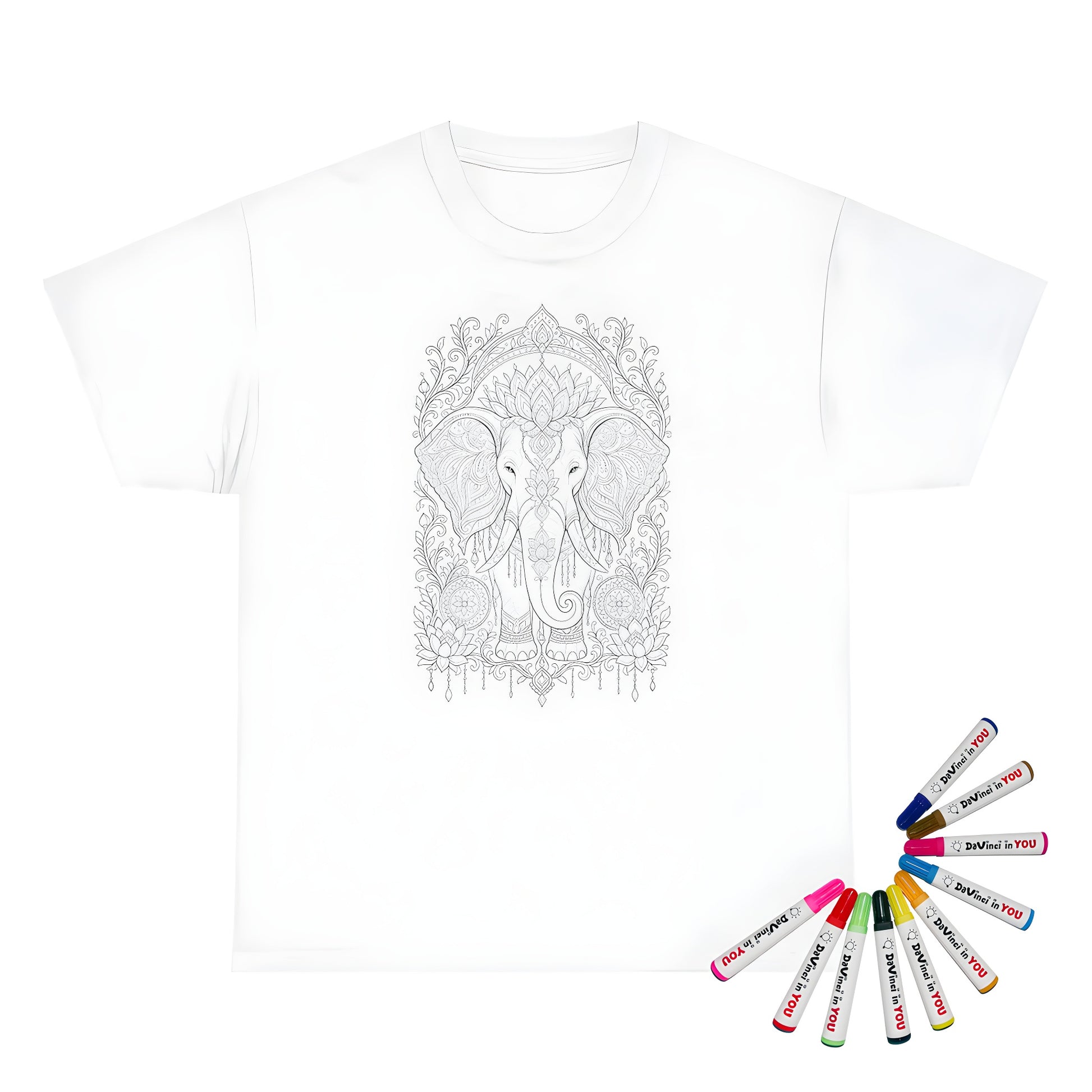 Ornate Elephant Lotus Garden Unisex T-Shirt coloring kit mockup with white base, cotton, and graphic print