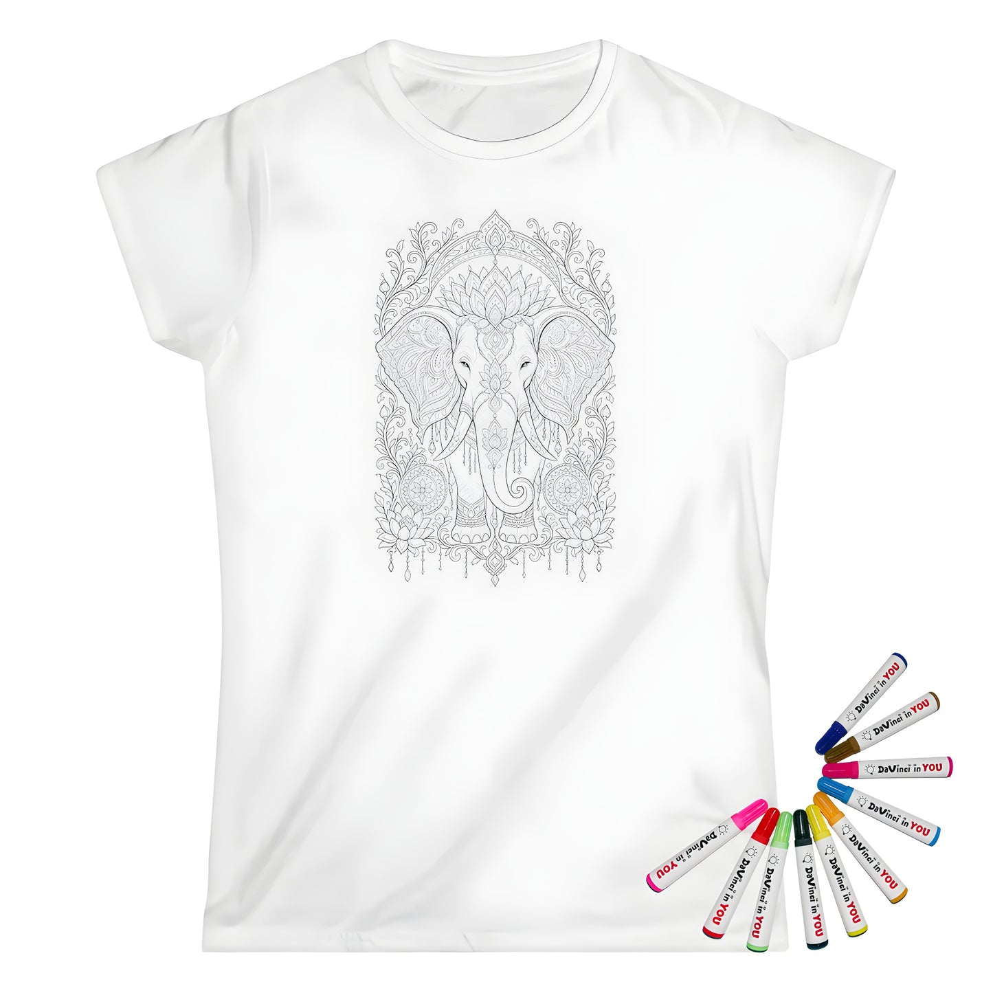 Ornate Elephant Lotus Garden Womens T-Shirt coloring kit mockup with white base, cotton, and graphic print