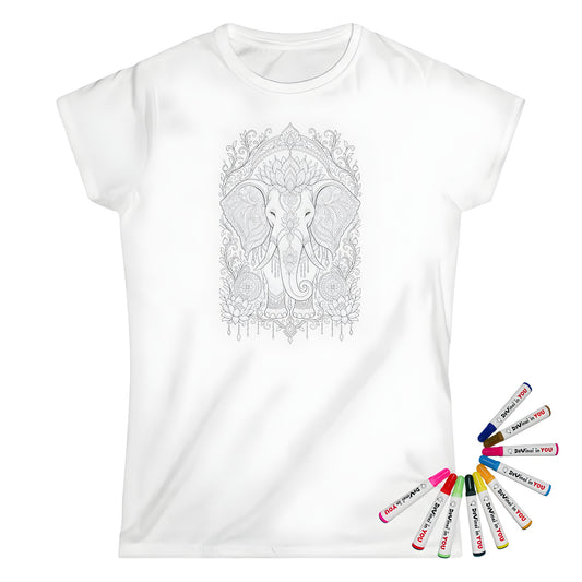 Ornate Elephant Lotus Garden Womens T-Shirt coloring kit mockup with white base, cotton, and graphic print